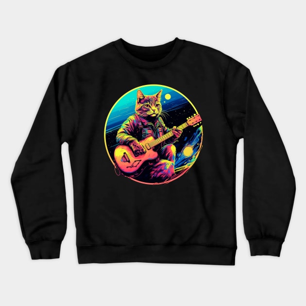 Cat Playing Guitar Funny Cat With Guitar Cute Cat Guitar Crewneck Sweatshirt by OscarVanHendrix